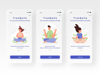 Tranquila - Meditation app onboarding app app design design illustration meditation app mobile app mobile app design ui ui ux ui design uiux