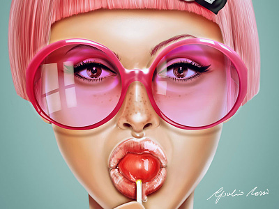 Cool colors digital painting eyewear girl lollipop pin up pink pop portrait