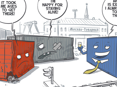 Cartoon for Freeport of Riga advertisement cargo champagne container moscow port rail rat riga station train
