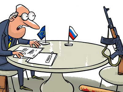 Talking to Russia document europe flag gun peace russia speaking stick table talking union war