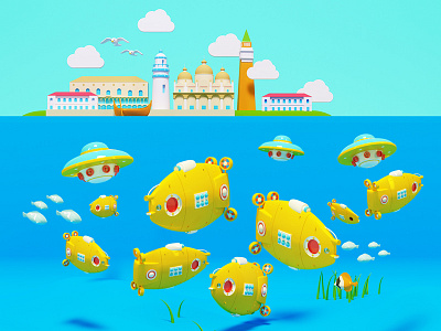 Robot fishes in Venice c4d cinema4d italy miniature octane river robot sea venice