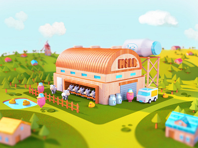 Milk Farm 3d c4d cinema4d city colorful landscape octane render town toy