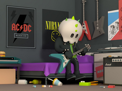 Guitar practice 3d c4d character cinema4d guitar music render skull toy vray