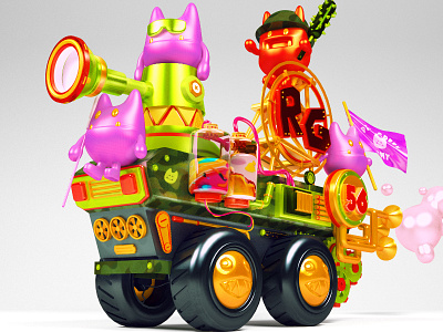 PINK GREEN ARMY 3d c4d character cinema4d render tank toy vray