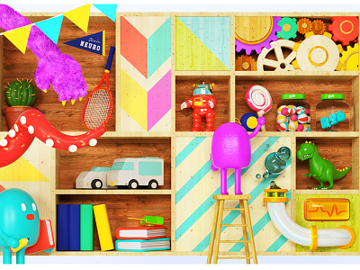 Kids Room Color Shelf 3d c4d cinema4d colorful octane shelf toy wood