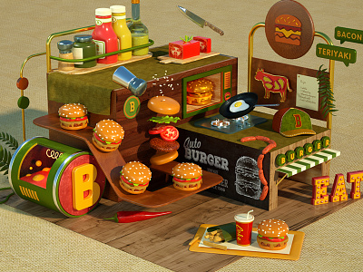 Auto Burger 3d burger c4d cg cinema4d isometric mcdonald miniature octane