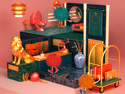 Hair Ball Hotel 3d c4d cg cinema4d hair hotel miniature octane