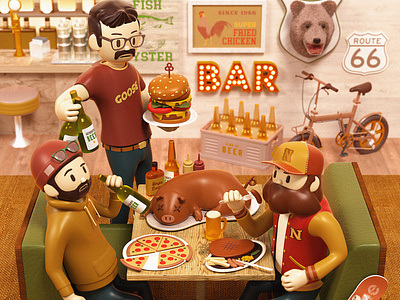 Bar & Grill 3d bar burger c4d character cinema4d dinner grill illustration octane steak