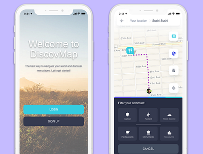 DiscovMap app biking commute design discover experience interest based map navigation personalization safety scenic travel app traveling ui ux walking