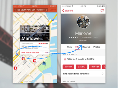 Deep link Map App to Opentable App (Rebound) app card deep link food maps maps app opentable pins restaurant