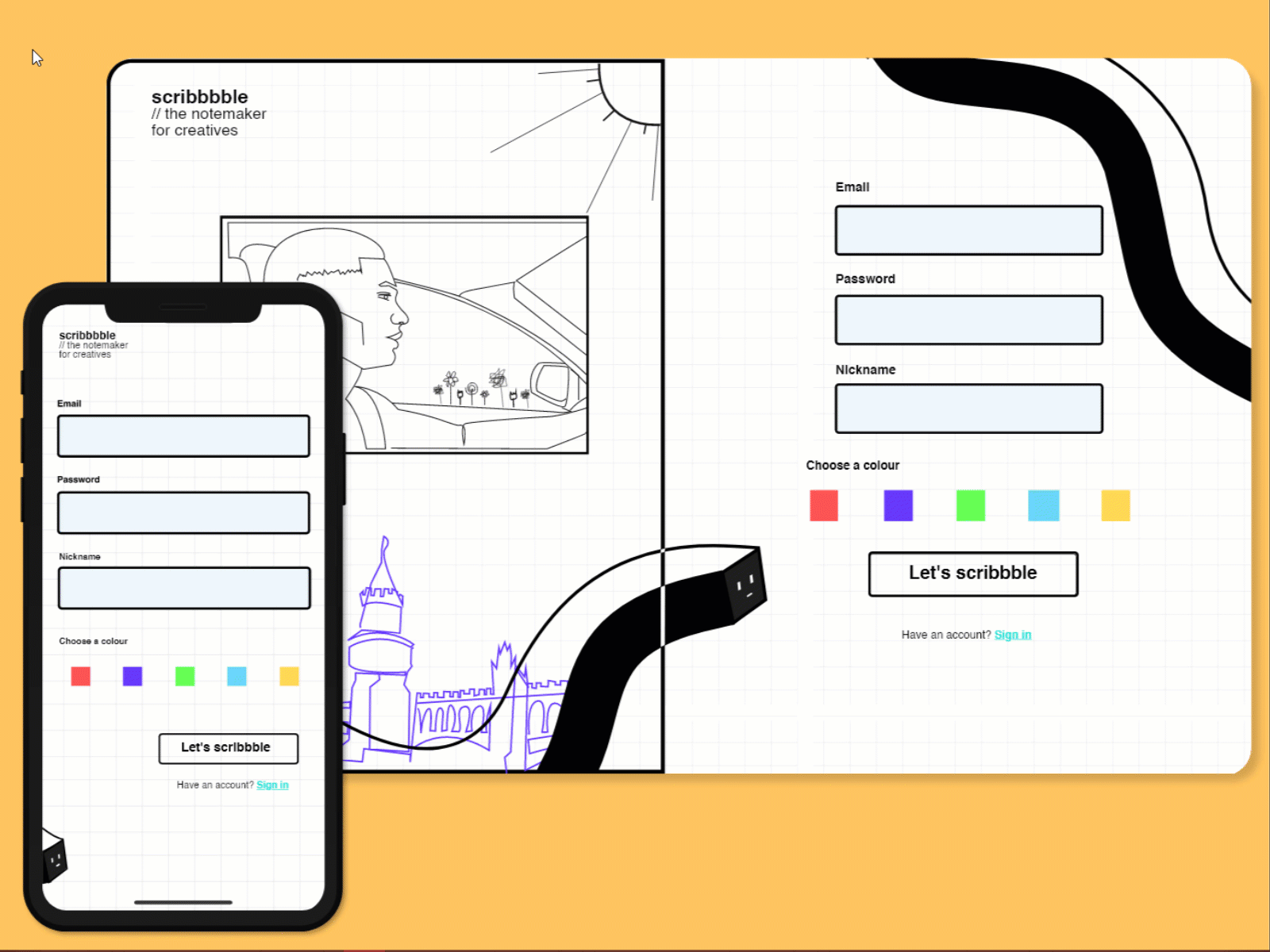Sign Up UI for Scribbbble - an imaginary notes app for creatives adobexd animation branding design fun graphic illustration illustrator mobile mobile app motion motion design playful ux uxui webdesign xd animation