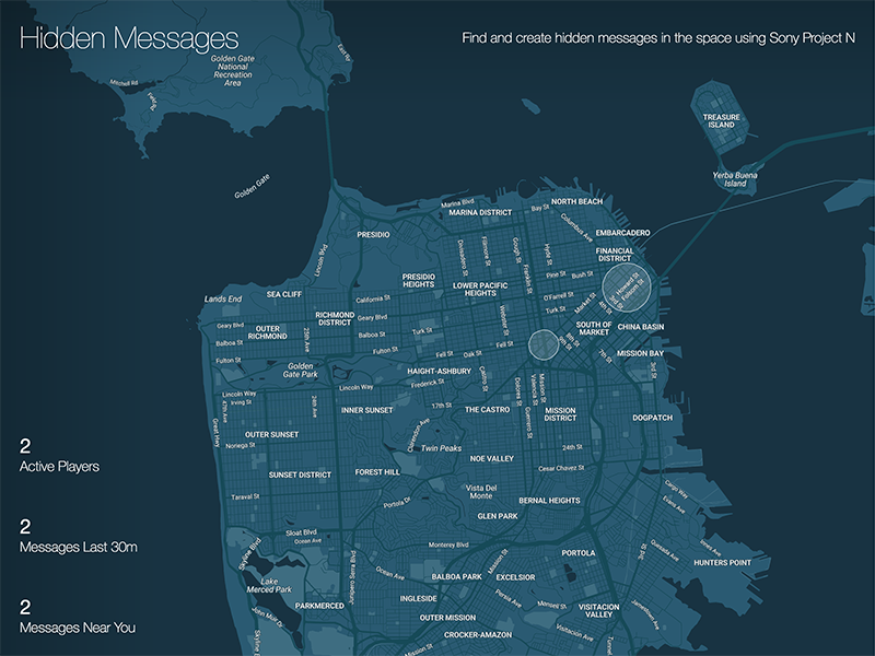 Hidden Messages social game osd design hackathon blue ui map