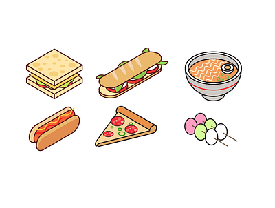 Isometric flat vector food dango flat flat illustration food hotdog icon illustration isometric isometric art isometry noodle pizza ramen sandwich vector