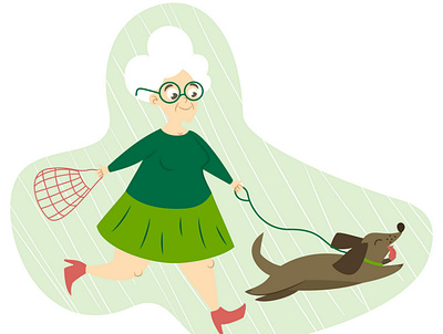 Cheerful smiling grandma walking with cute funny dog animal character design dog flat funny grandma grandmother granny green happy illustration old people pet smile sticker vector walking woman