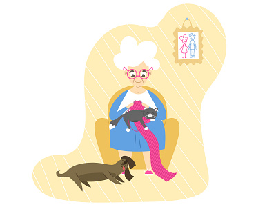 Grandma knits in the company of her cat and dog