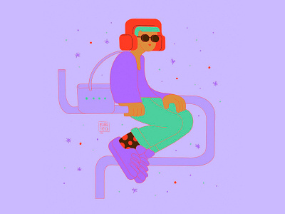 Character with polka dot socks character design green headphones illustration sketch sunglasses violet