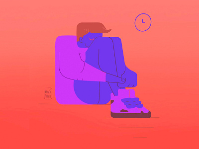Depressed mood character clock closed eyes drawing illustration pink red sitting sketch sneakers violet