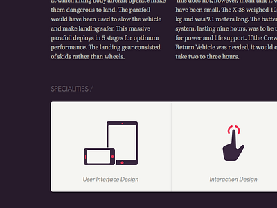 Specialities article blog dark icons image light photo purple red responsive serif simple text