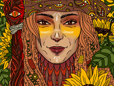 Queen of wands character design digital art digital illustration digitalart drawing dreadlocks girl girl illustration illustration portrait portrait illustration procreateapp queen queen of wands sun sunflower tarot tarot card