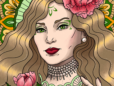 Queen of coins character design digital art digital illustration digitalart drawing flowers girl girl illustration illustration procreateapp tarot tarot card