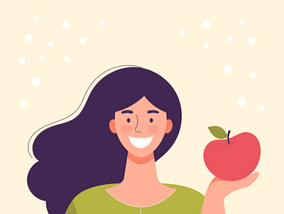 Smiling woman with apple adult apple diet face flat fruit girl happy health healthy joy lunch people smile snack woman