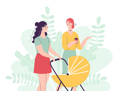 Women are walking with baby stroller baby coffee conversation couple flat friends girl girlfriend illustration laughter lgbt mother motherhood people smile stoller vector walk woman women