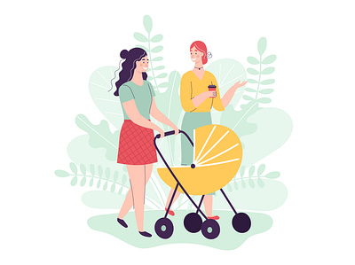 Women friends are walking with baby stroller baby beauty coffee flat friends girl mom mother motherhood park people smile stroller talk vector walk women