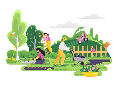 Gardening people. Spring landscape in flat style. Vector. 2d adobe illustrator design flat garden gardening illustartion landscape people style textured vector