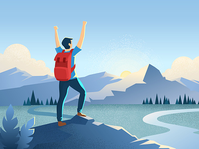 Success concept with man on the top of the mountains. 2d adobe illustrator art background concept design dots flat illustartion landscape mountains on the top success successful textured vector