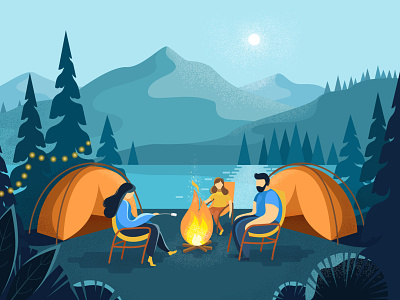 Camping at night 2d adobe illustrator art background camping cartoon design dots family fire flat flat style illustartion landscape summer summer camp textured vector
