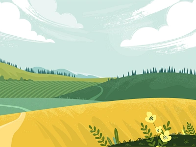 Countryside landscape 2d adobe illustrator background background design country countryside design fields flat grass illustartion illustration landscape rural sky spring summer textured vector village