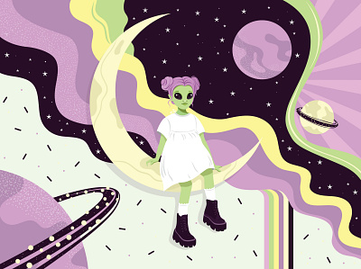 Little alien on the moon. 2d adobe illustrator alien art design flat flat style girl illustartion moon space textured vector