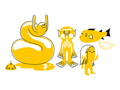 The odd ones out alien amphibian animal branding cartoon character colour design dribbble fantasy fish illustration mascot yellow