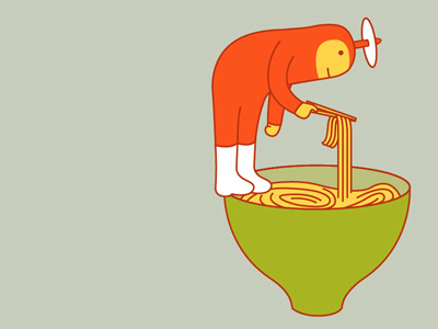 F Man bowl cartoon character eating fukuoka now green idokungfoo japanese noodles orange simonox staring