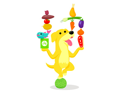 Get Joy balancing branding cartoon character design dog fish food fun happiness illustration juggling mascot nutrition onion pets steak vegetables