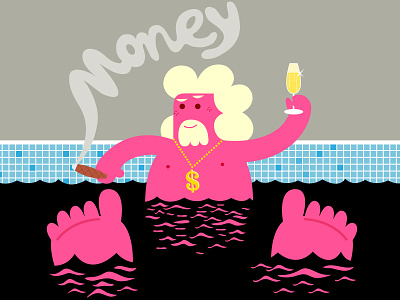 Money cartoon champagne character design drink illustration mascot pool simon oxley typography wealth