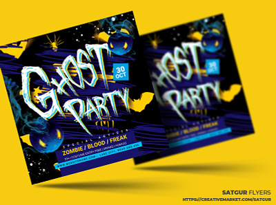 Halloween Party Flyer Template advertisement bats blue black branding costume party dj download flyer ghost flyer graphic design halloween flyer halloween party motion graphics nightclub photoshop poster print template social media banner spider template trick or treat