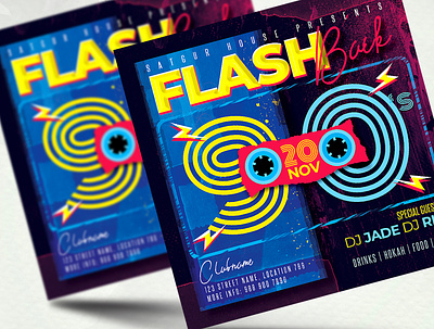 Flash Back 90s Party Flyer Template 80s party 90s music 90s party advertisement club flyer dj night download flyer graphic design invitation motion graphics nightclub photoshop poster psd retro party flyer social media banner synthwave template throwback