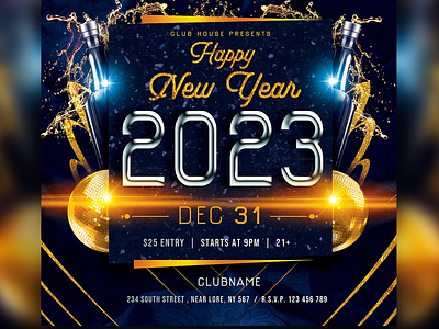 New Year Party Flyer Template advertisement celebration flyer champagne party dj flyer dj night download psd flyer golden invitation new year party flyer new years eve nightclub nye 2023 party flyer photoshop poster template