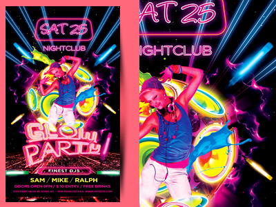 Glow Party Flyer event flyer girls night glow party layout music flyer neon glow nightclub nightout poster satgur