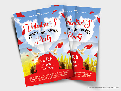 Valentine's Day Party Flyer 14 feb design dj night heart shape layout nightclub print rose petals valentines day
