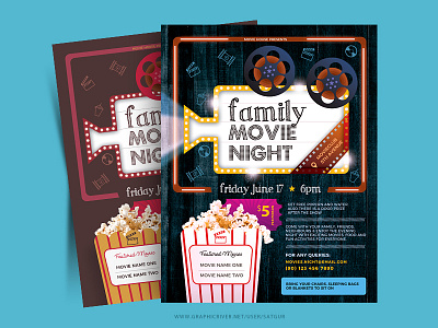 Family Movie Night Flyer a4 flyer family movie night layout movies photoshop popcorn poster print reel satgur template