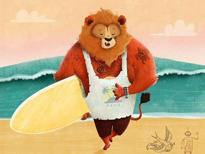 Catch a wave, dude! animal art animal character art artist cartoon cat character character design children book illustration childrens illustration design illustration lion surfing