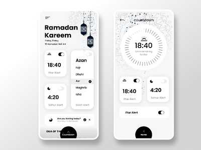 Ramadan Timer App app black and white design islam mobileapp monochrome new ramadan ramadan mubarak refined solat switch toggle trendy ui ux