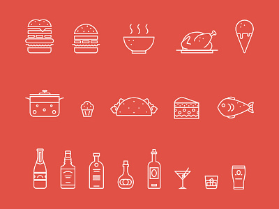 Food outline icons burger chicken fireart fireart studio fish food icecream muffin outline soup