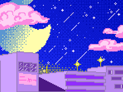 Tokyo Night Sky design flat pixel art retro vaporwave