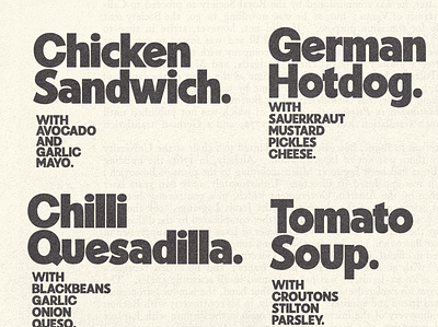 Kilimanjaro Sans 70s 80s 90s bold diner eighties food german kitchen menu old paper recipe retro sans texture type typography vintage worn