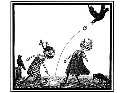 Abby envied Angie's eye, plucked it out and bounced it high. bird children children book illustration crosshatching draw drawing humor illustration inkdrawing macabre morbid pen drawing penandink whimsical