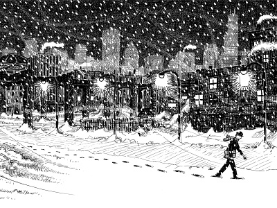 Chicago Blizzard art artwork black black and white city drawing hand drawn illustration ink snow texture