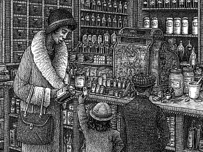 Apothecary art artist artwork black and white characters crosshatching drawing illustration ink texture